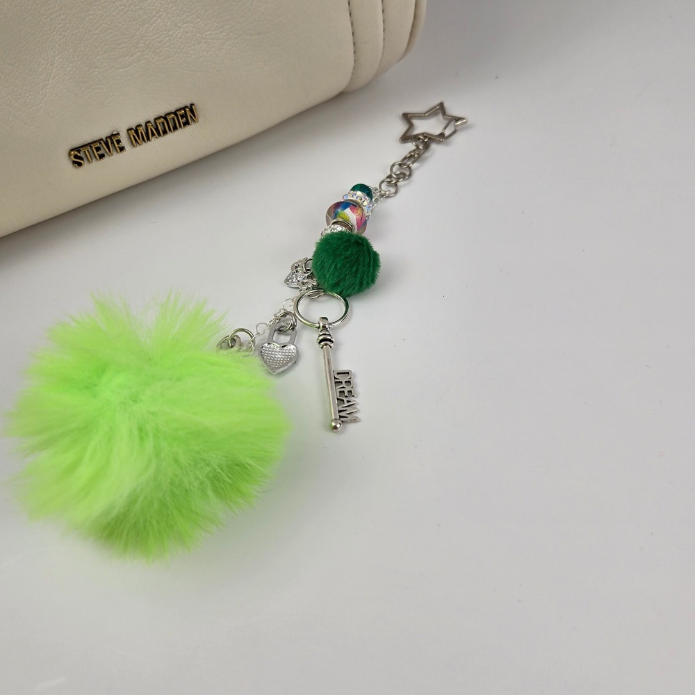 Handmade Green Faux Fur Pom Pom Keychain Star Dream Key Heart Bag Charm 7.5"